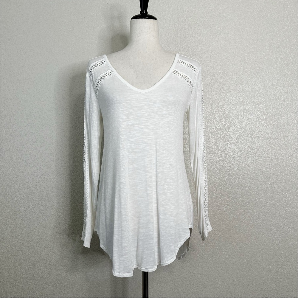 Anthropologie Deletta White Lace Line Crochet Long Sleeves Top, Sz Small